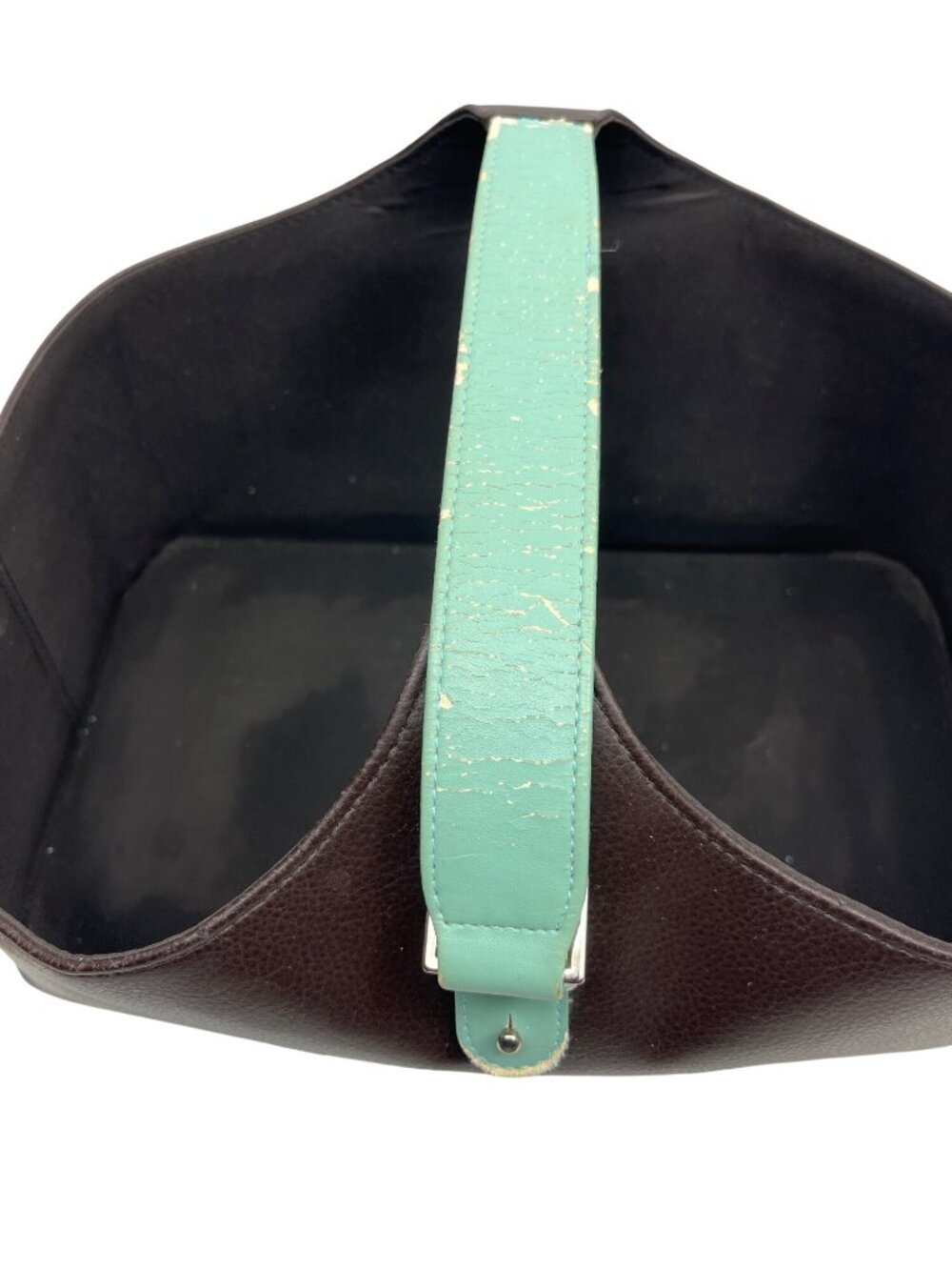 Brown Faux Leather Basket Organizer W/ Teal Handle 15"x8"x7" Preowned C132 - Picture 5 of 7